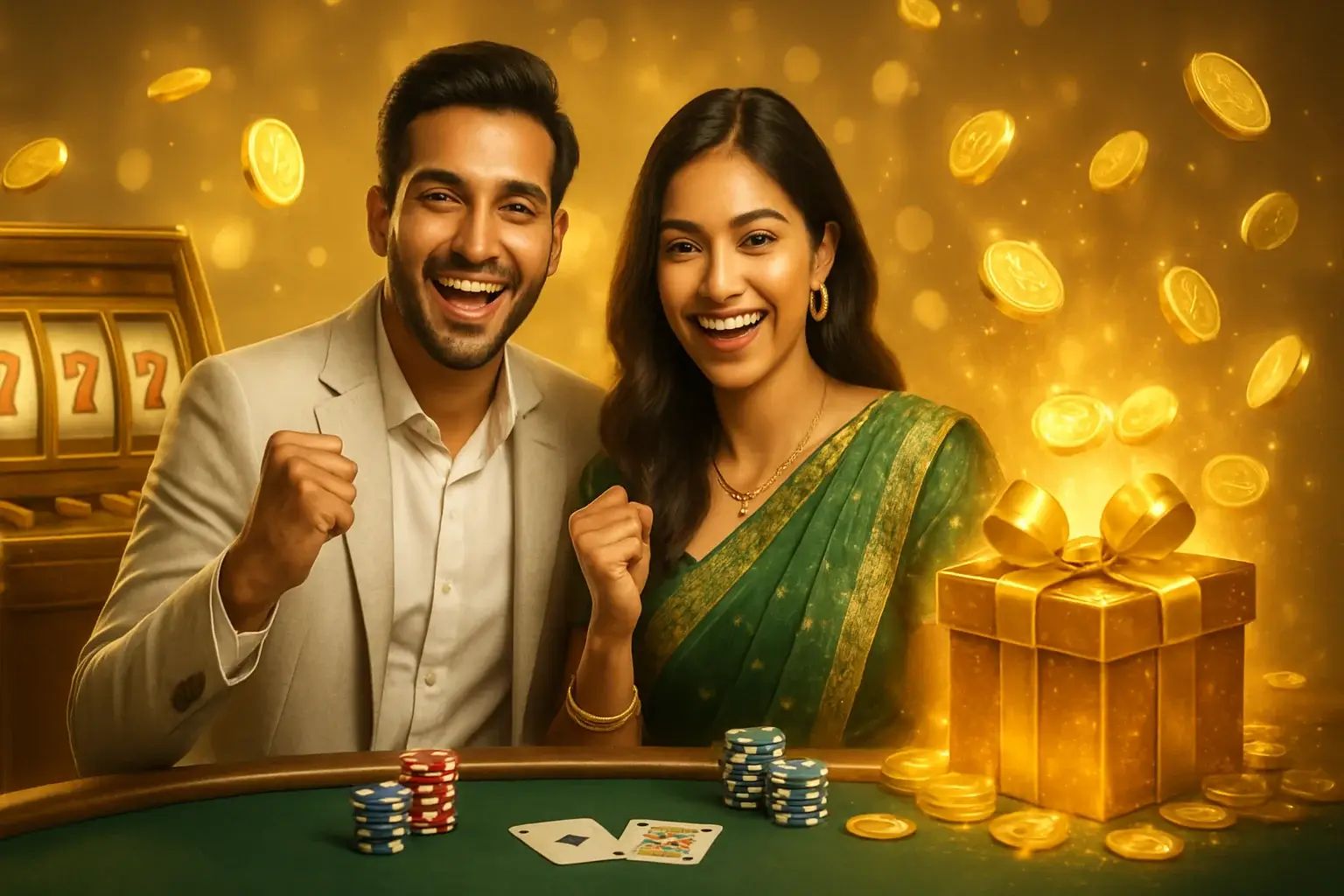 South Asian couple at casino with welcome bonus and golden coins